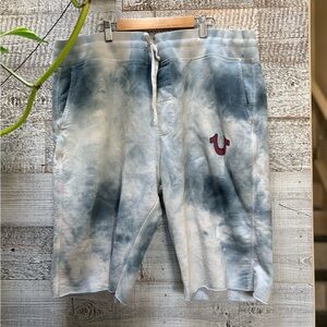 True Religion | Tie-Dye Cutoff Sweat Shorts w/ Waist Tie - Men's XL, Blue/White